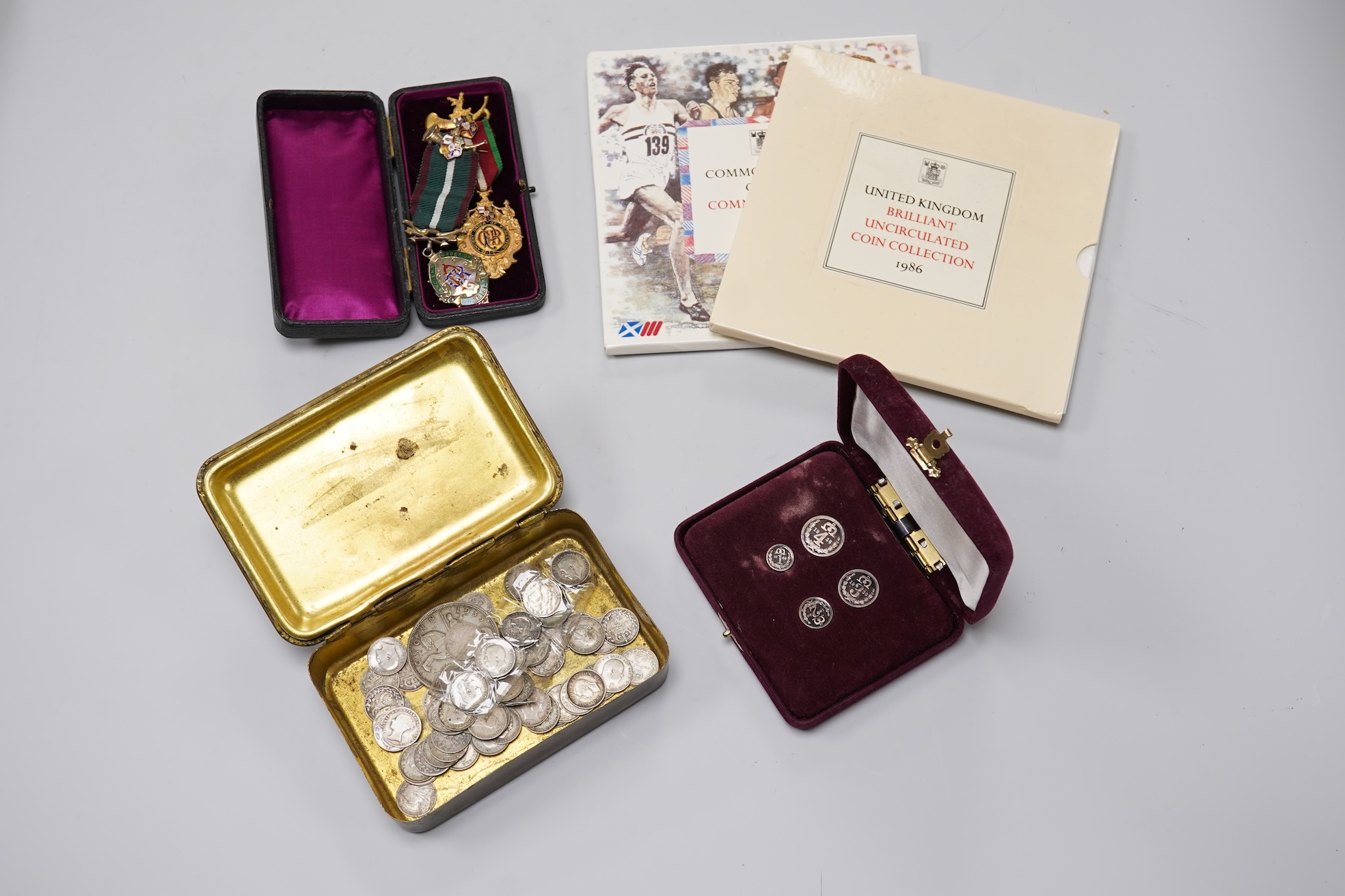 A small group of British coinage to include a 1936 Maundy set, together with two Foresters medals, one silver